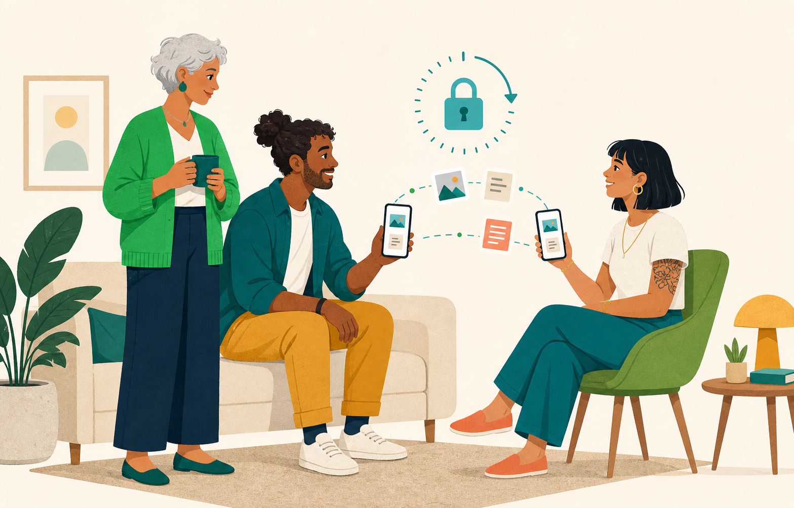 Drie mensen delen belangrijke bestanden veilig tussen twee telefoons